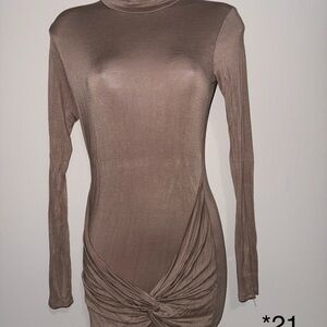 Sleek Long Sleeve Twist-Knot Bodycon Dress in Taupe